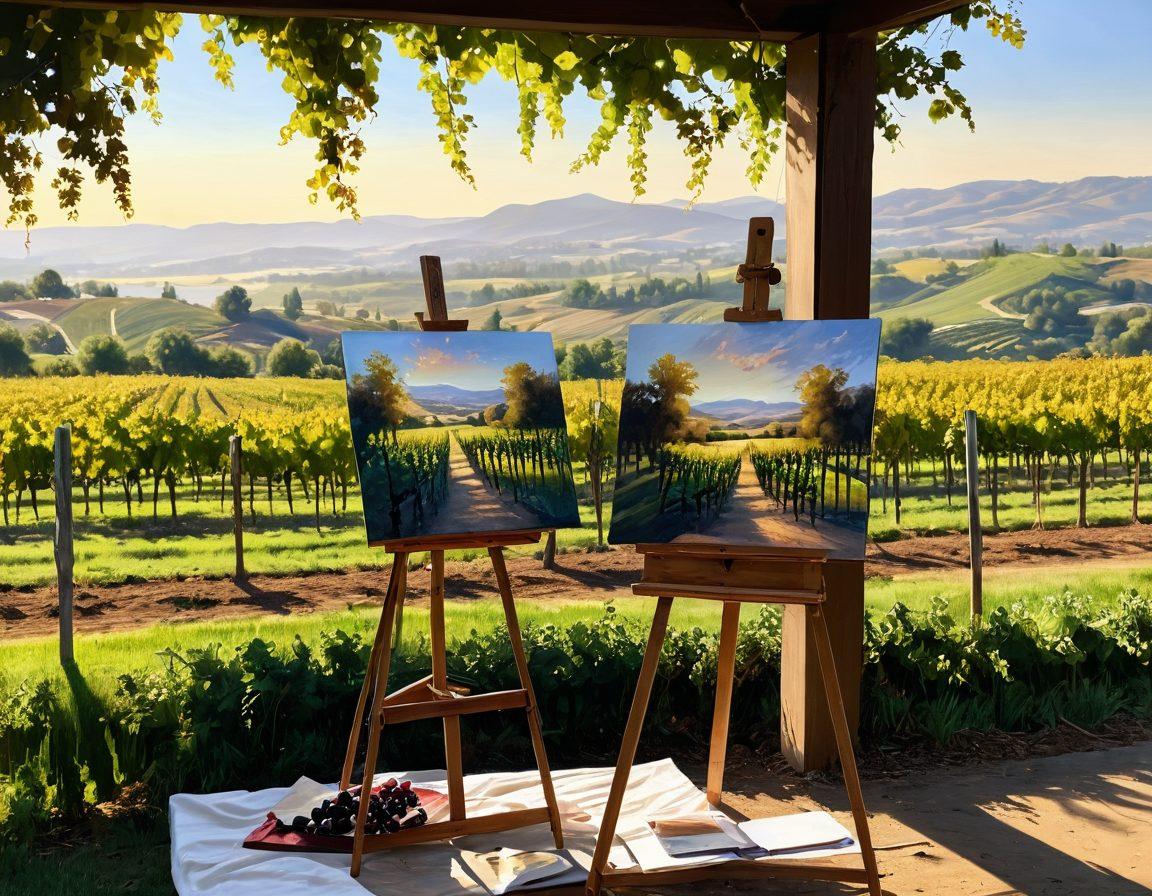 A picturesque vineyard landscape during golden hour, with lush grapevines stretching into the distance. In the foreground, an artist's easel holds a vibrant canvas depicting a bottle of wine and a glass, with paintbrushes and a palette scattered around. Soft sunlight casts warm shadows, while wine leaves gently flutter in the breeze. An artist, mid-stroke, captures the essence of wine culture on canvas. impressionistic style. warm colors. natural lighting.