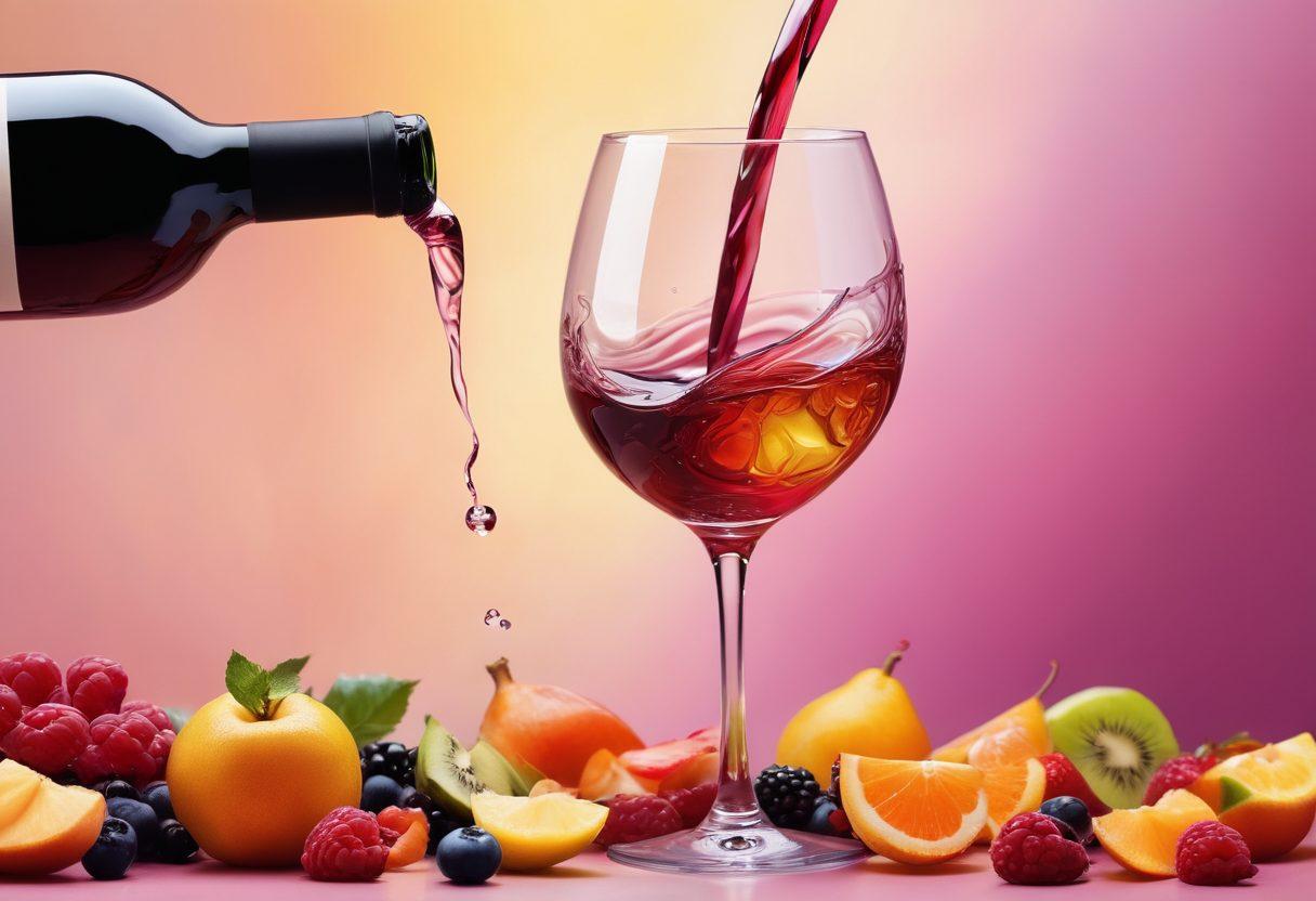 A vivid painting of a wine bottle elegantly pouring into a crystal glass, surrounded by a dynamic swirl of colorful fruit, flowers, and abstract shapes representing flavor profiles. The background features a soft gradient of warm hues to evoke a sense of warmth and artistry. overlay of wine-related tools like corkscrews and tasting notes peeking through the colors. super-realistic. vibrant colors. soft-focus background.