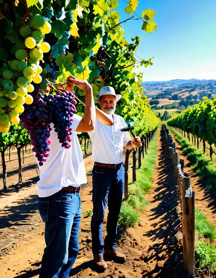 An artistic representation of a vineyard where grapes morph into colorful brush strokes and paint splatters, blending the worlds of winemaking and art. In the background, a serene winemaker crafts wine with paintbrushes instead of traditional tools, symbolizing creativity in the process. Soft sunlight illuminates the scene, enhancing the vibrant hues of grapevines and art. super-realistic. vibrant colors. soft-focus background.